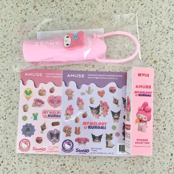 [BUNJANG] Amuse My Melody Powder Velvet Tint Set / 어뮤즈 마이멜로디 파우더 벨벳 틴트 06 장미앵두 스티커 키링 일괄
