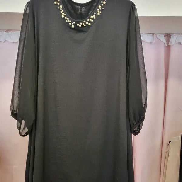 [BUNJANG] Pearl Embellished Sheer Sleeve Black Blouse / 진주 장식 시스루 소매 블랙 블라우스