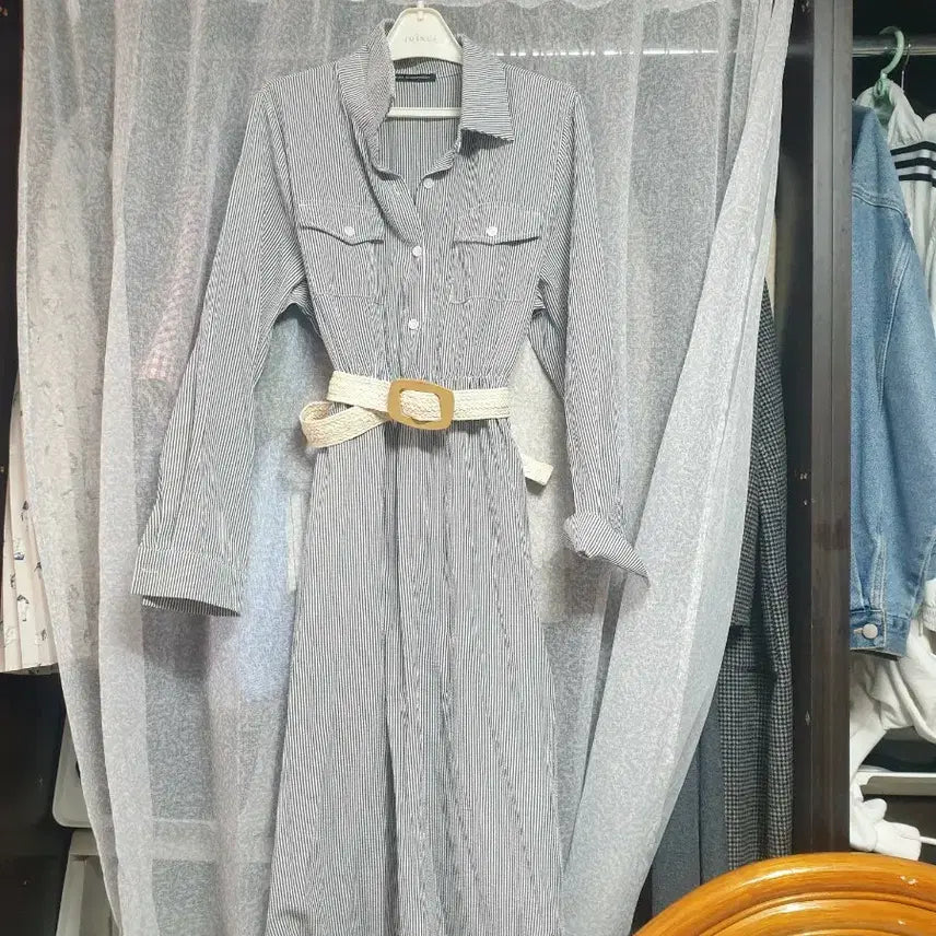 [BUNJANG] Striped Shirt Dress with Belt / (날씬66)스트라이프 셔츠 원피스 (벨트포함)