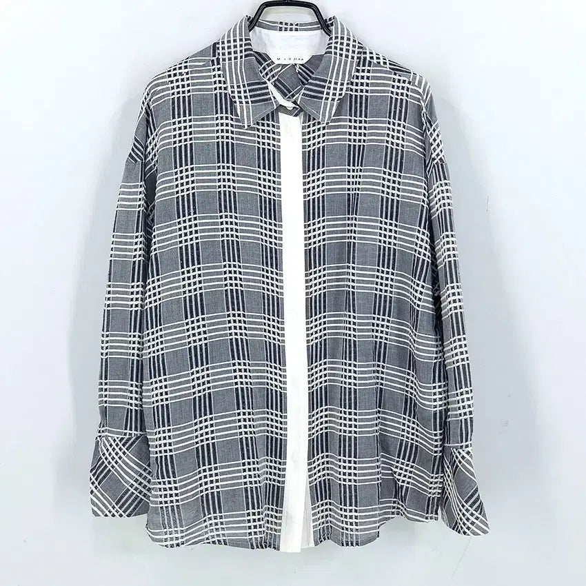 [BUNJANG] MICHAA Women's Spring/Summer Checked Embroidered Loose Fit Shirt Grey / 미샤 여성 춘하 체크자수 루즈핏셔츠 그레이91 (HU45620)