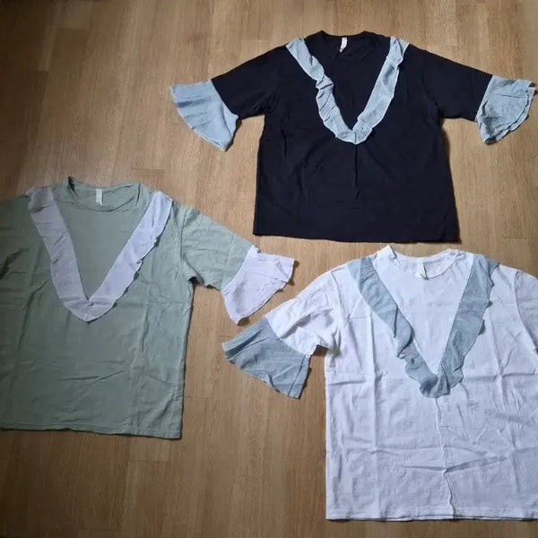 [BUNJANG] Cotton Ruffle Sleeve T-Shirts - Set of 3 (Free Size) / (새상품)소매프릴 면반팔 3개 일괄판매(프리사이즈)