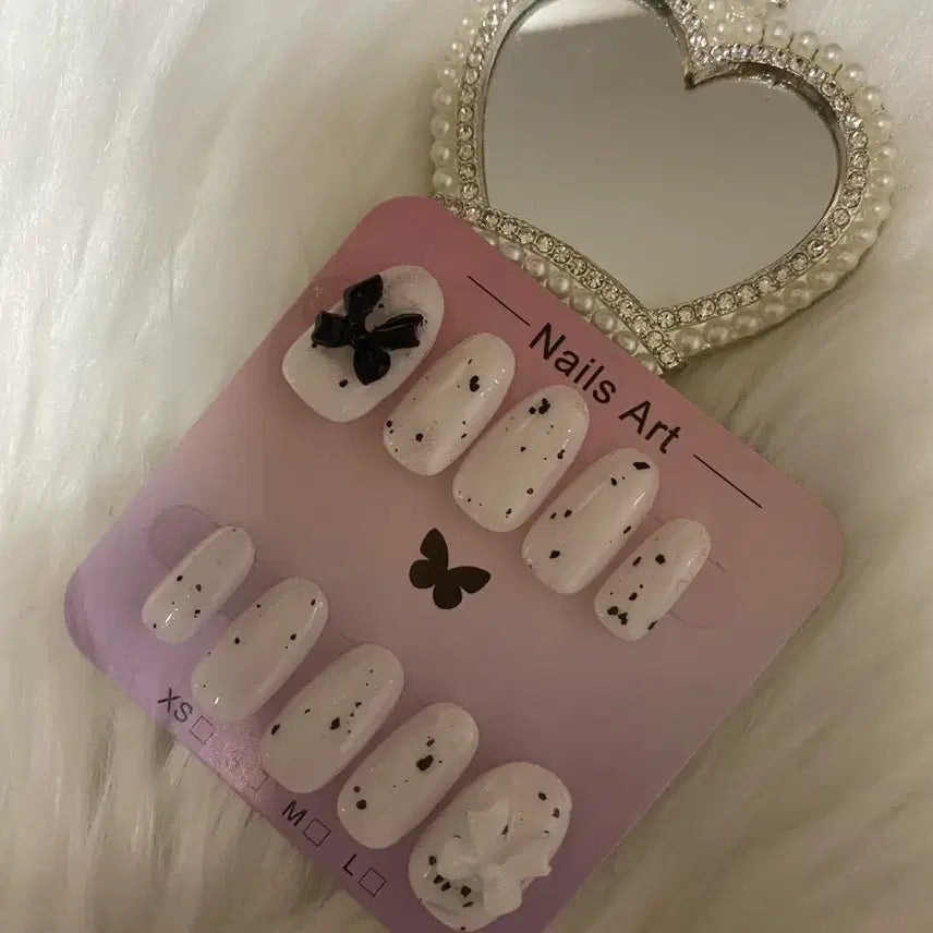 [BUNJANG] Handmade Nail Tips with Dot Pattern and Ribbon Bow Butterfly Design / 수제네일팁