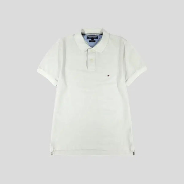 [BUNJANG] Tommy Hilfiger Slim Fit Half Button Collar Neck PK Pique Short Sleeve T-Shirt M / 타미힐피거 화이트 로고 슬림핏 하프버튼 카라넥 PK 피케 반팔 티셔츠 M