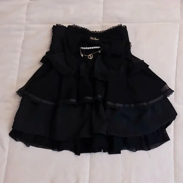 [BUNJANG] Lizlisa Big Ribbon Tiered Skirt Black / 리즈리사 빅리본 티어드 스커트 블랙 지뢰계 양산형