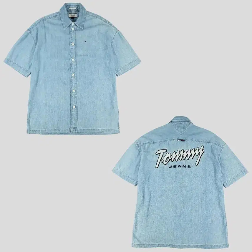 [BUNJANG] Tommy Hilfiger Tommy Jeans Light Wash Spellout Logo Oversized Chambray Shirt / 타미힐피거 타미진스 연청워싱 스펠아웃 로고 오버사이즈드핏 아메카지 샴브레