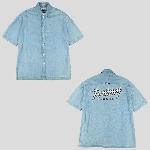 [BUNJANG] Tommy Hilfiger Tommy Jeans Light Wash Spellout Logo Oversized Chambray Shirt / 타미힐피거 타미진스 연청워싱 스펠아웃 로고 오버사이즈드핏 아메카지 샴브레