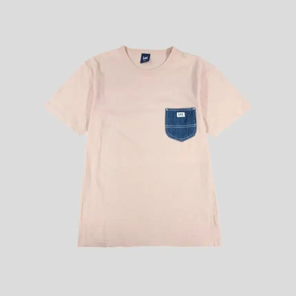 [BUNJANG] UNION MADE JP Baby Pink & Dark Blue Colorblock Logo Chest Pocket Cotton Shirt / LEE 리 유니온메이드 JP 베이비핑크 진청 배색 로고 체스트포켓 코튼
