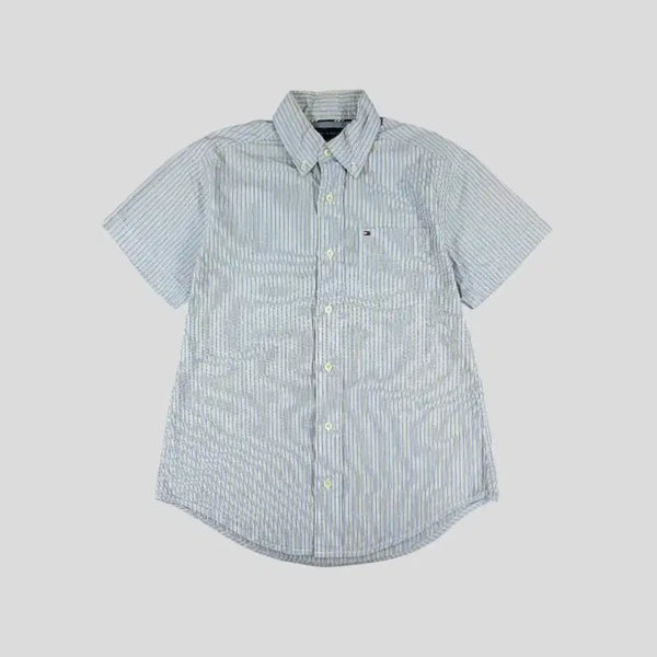 [BUNJANG] Tommy Hilfiger Colorblock Stripe Button-Down Shirt / 타미힐피거 JP 스카이블루 카키 화이트 배색 스트라이프 로고 버튼다운 체