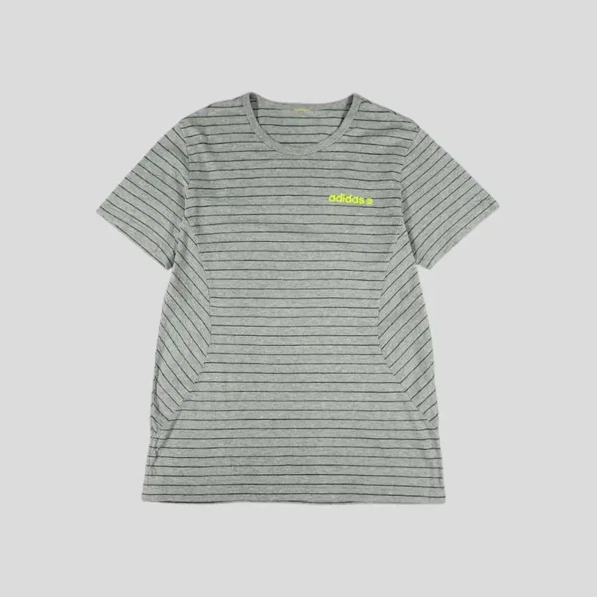 [BUNJANG] Adidas JP Color Block Stripe Spellout Logo Cotton T-Shirt / 아디다스 JP 그레이 블랙 네온옐로우 배색 스트라이프 스펠아웃 로고 코튼