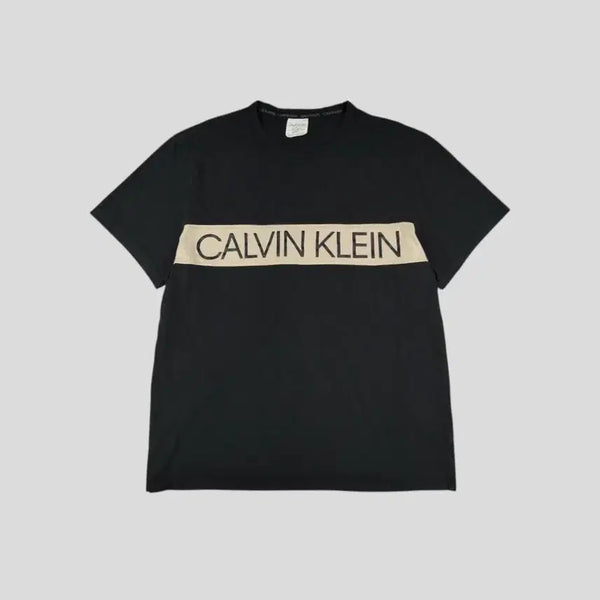 [BUNJANG] Calvin Klein Pigment Black Beige Color-Block Spellout Logo Cotton T-Shirt L / 캘빈클라인 피그먼트 블랙 베이지 배색 스펠아웃 로고 코튼 반팔 티셔츠 L