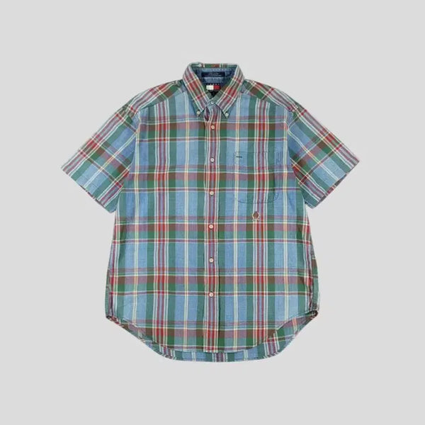[BUNJANG] Tommy Hilfiger JP Sky Blue Multicolor Tartan Check Laurel Logo Chest Pocket Button Shirt / 타미힐피거 JP 스카이블루 멀티컬러 타탄체크 월계수 로고 체스트포켓 버튼