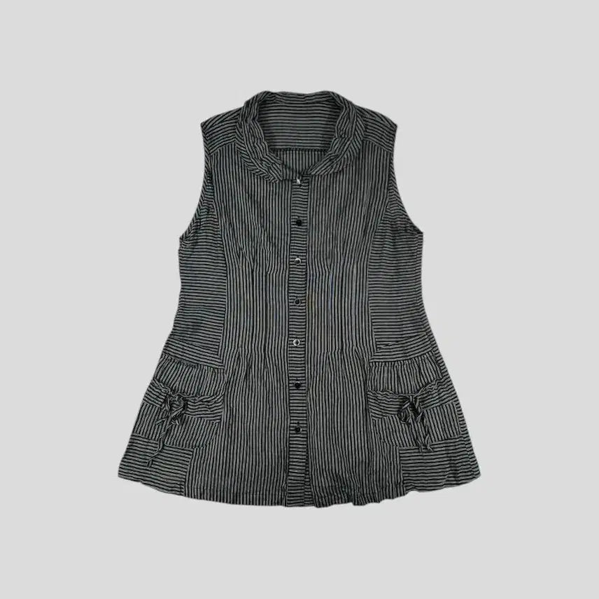 [BUNJANG] Vintage JP Black Gray Stripe Shirring Silk Blend Layered Round Collar Neck Shirt / 빈티지 JP 블랙 그레이 스트라이프 셔링 실크블렌드 레이어드 라운드카라넥