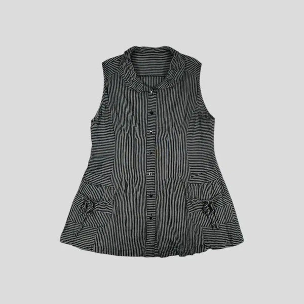 [BUNJANG] Vintage JP Black Gray Stripe Shirring Silk Blend Layered Round Collar Neck Shirt / 빈티지 JP 블랙 그레이 스트라이프 셔링 실크블렌드 레이어드 라운드카라넥