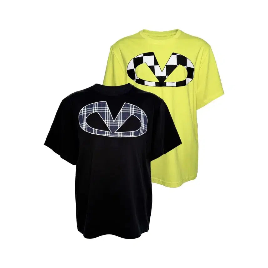 [BUNJANG] PCCVISION 3MAN0N V69 Black Yellow Check Print Short Sleeve T-Shirt / PCCVISION 3MAN0N V69 블랙 옐로우 체크 프린트 반팔티