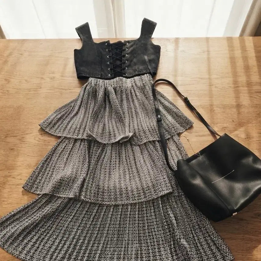 [BUNJANG] Patterned Ruffle Long Skirt (Elastic Waistband) / 패턴 캉캉 주름 롱스커트 (허리 밴딩)