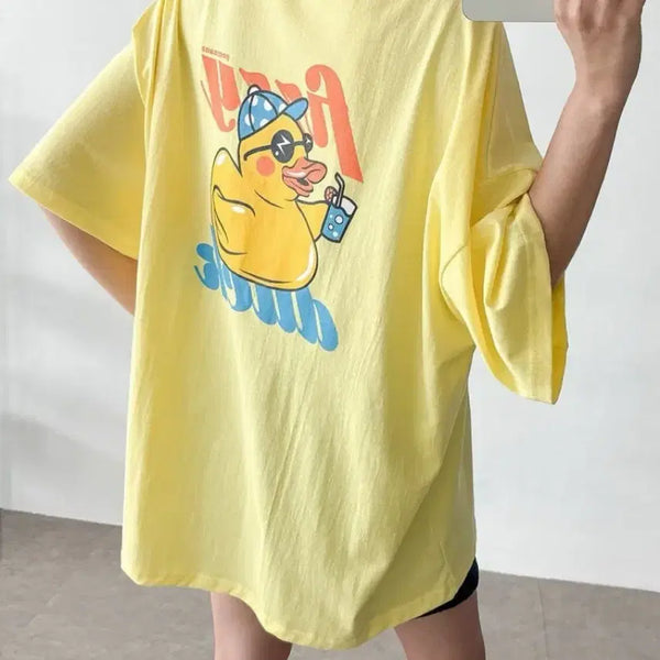 [BUNJANG] Duck Graphic Print Oversized T-Shirt / 새상품 오리 덕 반팔 티셔츠 루즈핏 빅사이즈 가능 55-100