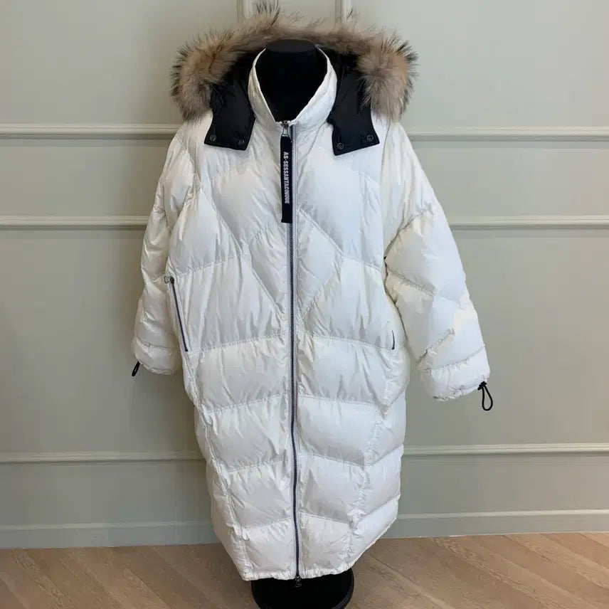 [BUNJANG] Goose Down Fur Hood Long Padding White & Black M / 267001852 AS65 구스 다운 퍼 후드 롱패딩 화이트&블랙 M