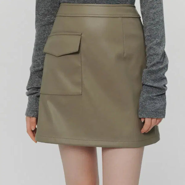 [BUNJANG] Renina Hazel Pocket Leather Mini Skirt Khaki Gray / 새상품) 르니나 하젤 포켓 레더 미니 스커트 카키그레이
