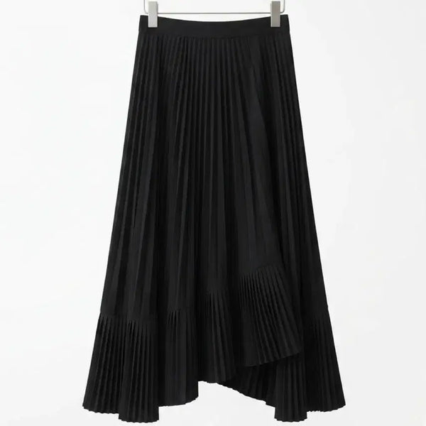 [BUNJANG] Black Pleated Asymmetrical Long Skirt / 블랙 플리츠 언발 스커트