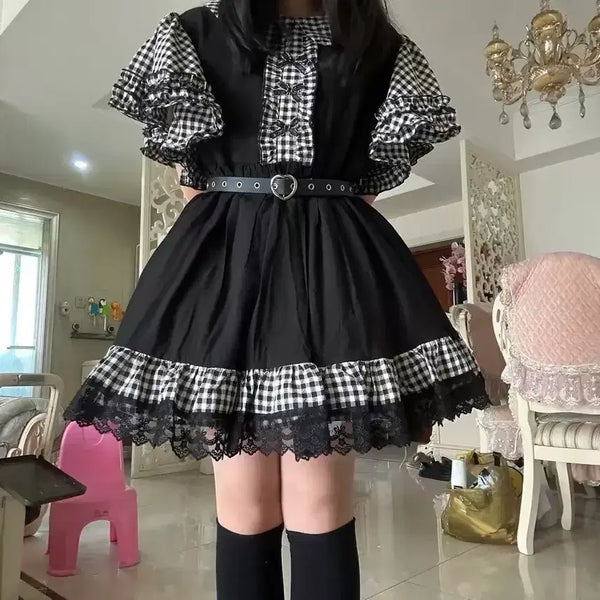 [BUNJANG] Black Check Pattern Ruffle Dress / 블랙 체크 패턴 러플 원피스