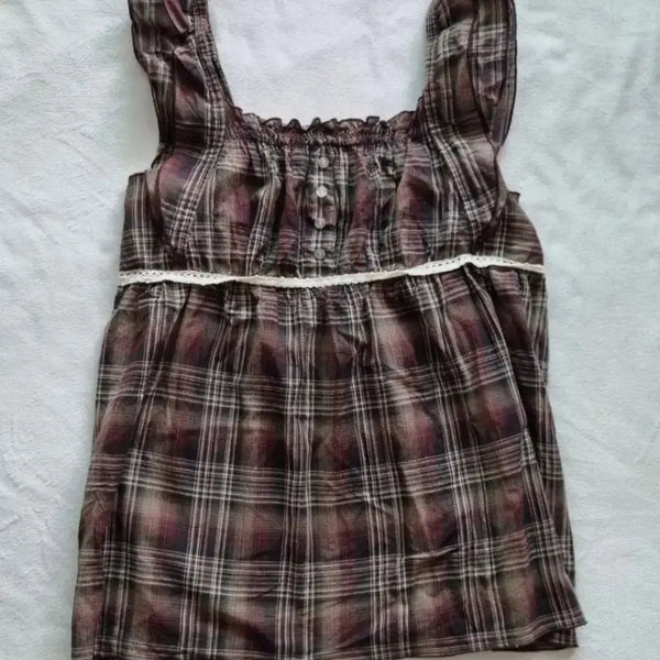 [BUNJANG] Vintage Mori Girl Check Camisole / 빈티지 모리걸 하구미 체크 나시
