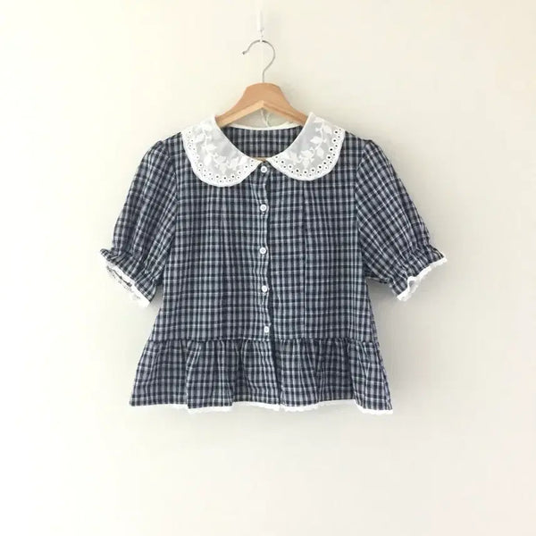 [BUNJANG] Navy Check Frill Lace Flare Crop Blouse / (새) 네이비 체크 프릴 레이스 플레어 크롭 블라우스