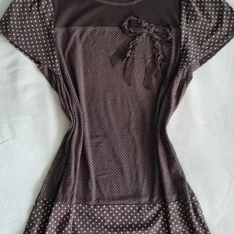 [BUNJANG] Vintage Mori Girl Gahunmi Gal Brown Dot Ribbon Top / 빈티지 모리걸 하구미 갸루 브라운 도트 리본 탑