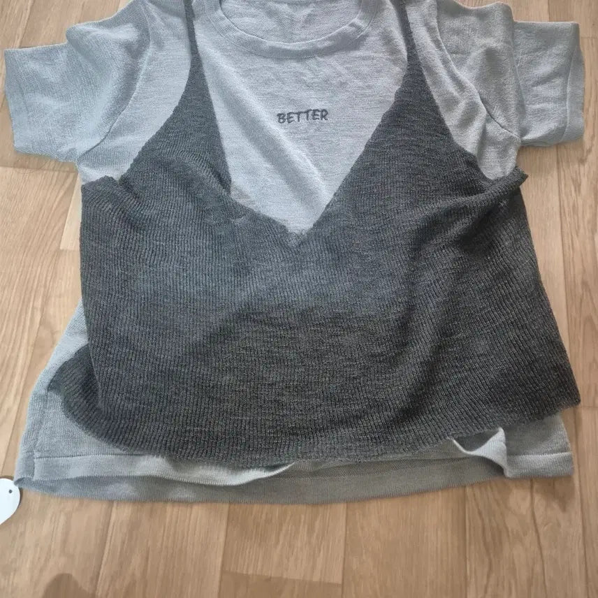 [BUNJANG] Gray Knit T-shirt and Dark Gray Knit Top Set / 니트 티셔츠