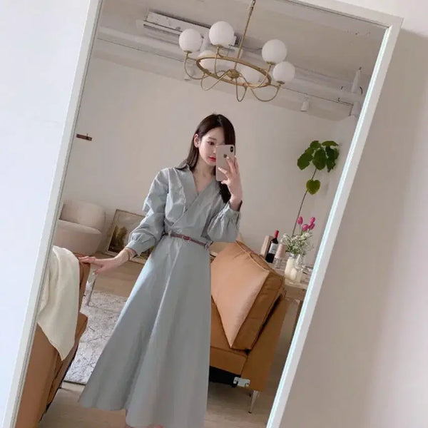 [BUNJANG] Mint Wrap Long Dress with Belt Set / 랩 원피스 민트색 롱 원피스 벨트세트