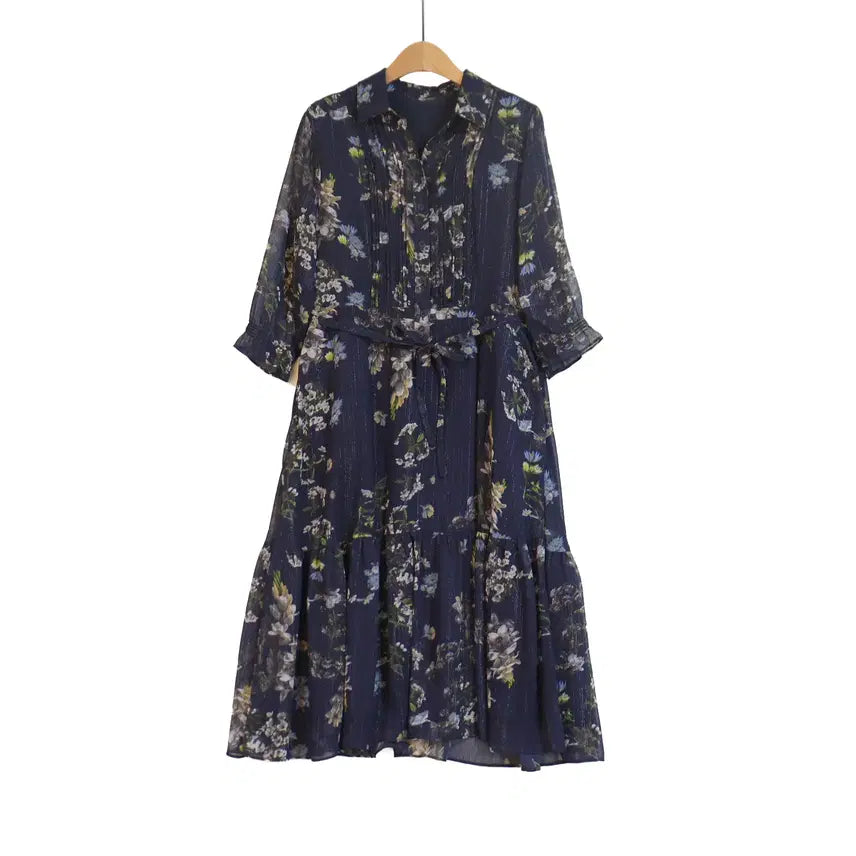 [BUNJANG] Flamingo Flower Pattern Chiffon Long Dress Navy / Flamingo 플라워 원피스 66 네이비 쉬폰 롱원피스