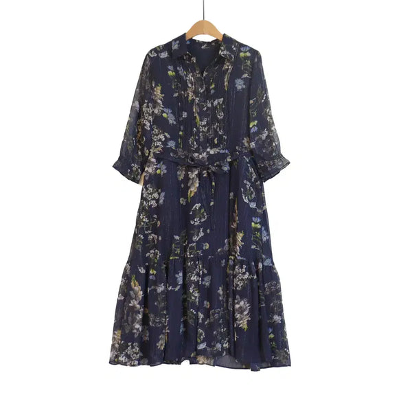 [BUNJANG] Flamingo Flower Pattern Chiffon Long Dress Navy / Flamingo 플라워 원피스 66 네이비 쉬폰 롱원피스