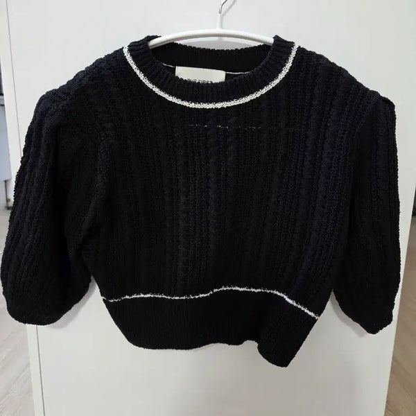 [BUNJANG] Shoulder Pad Cropped Short Sleeve Knit Black / 벨201 더 퍼스트 크롭 어깨 패드 반팔 니트 블랙