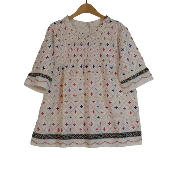 [BUNJANG] Embroidered Lace Contrast Ethnic Short Sleeve Blouse - Ivory / 레이스 배색 블라우스 프리 아이보리 자수 에스닉 반팔 블라우스