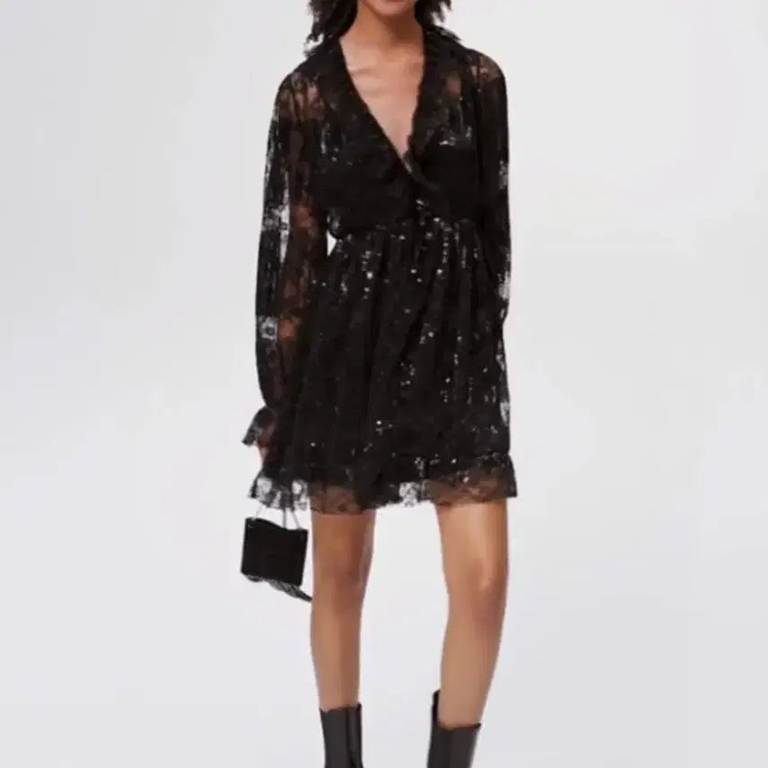[BUNJANG] Maje Pleated Lace Sequin Dress / 마쥬 플리츠 레이스 스팽글 원피스