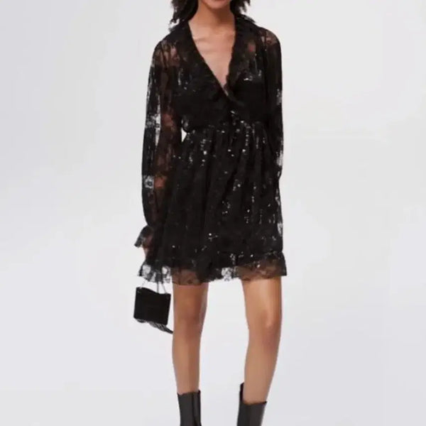 [BUNJANG] Maje Pleated Lace Sequin Dress / 마쥬 플리츠 레이스 스팽글 원피스