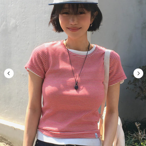 [BUNJANG] BitterCells Essential Ribbed Half Tee - Stripe Red / 비터셀즈 반팔 티셔츠 에센셜 골지 하프 티-스트라이프 레드