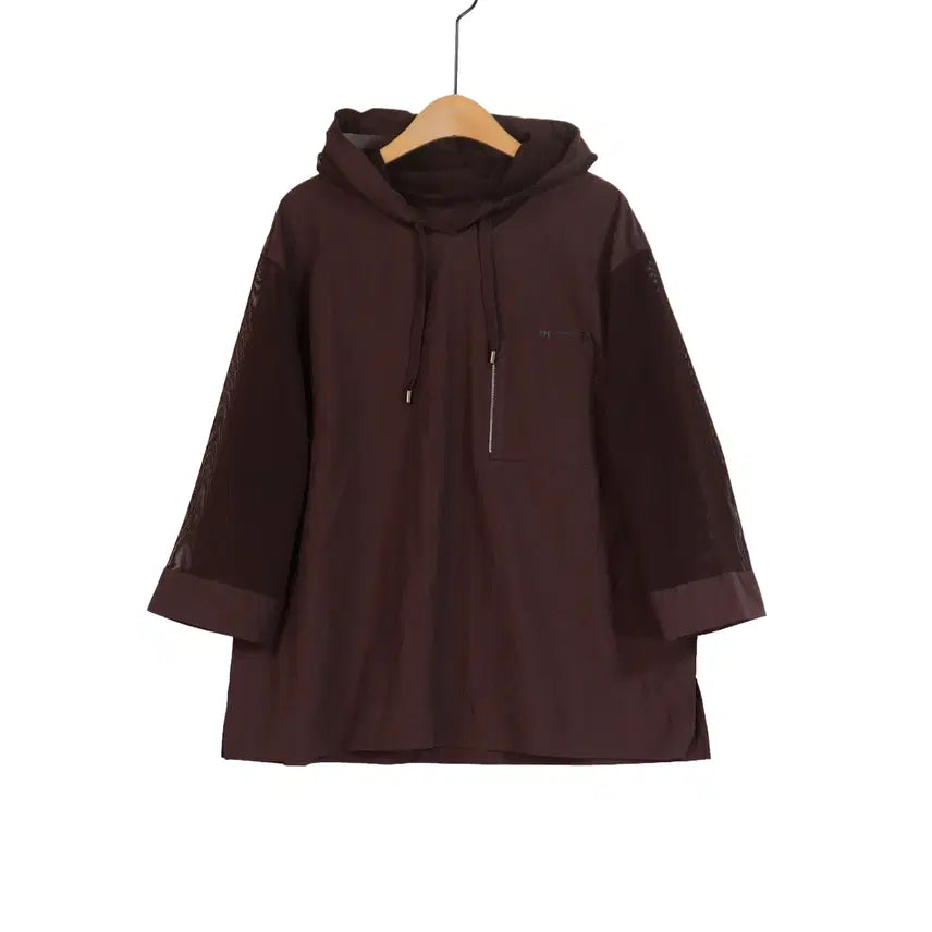 [BUNJANG] BESTI BELLI Brown Mesh Contrast Hooded Blouse / BESTI BELLI 후드 블라우스 91(77) 브라운 메쉬 배색 후드티