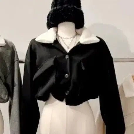 [BUNJANG] Black Wool Cropped Jacket with Shearling Collar / 블랙 양털 퍼 카라 크롭 모직 자켓