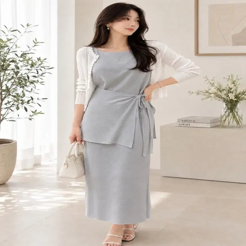 [BUNJANG] Two-Way Sleeveless Long Dress Set / [새상품] 입술넥 투웨이 랩 민소매 롱 원피스 세트 (안감있음)ㅡ무배