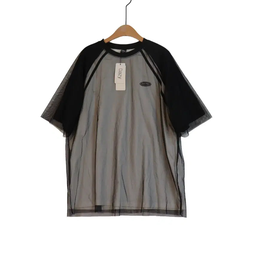 [BUNJANG] Dazy Mesh Layered Short Sleeve T-Shirt - Black, Size F, New / Dazy 망사 레이어드 반팔 티셔츠 F 새상품 시스루