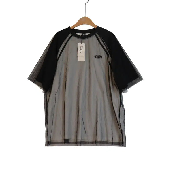 [BUNJANG] Dazy Mesh Layered Short Sleeve T-Shirt - Black, Size F, New / Dazy 망사 레이어드 반팔 티셔츠 F 새상품 시스루