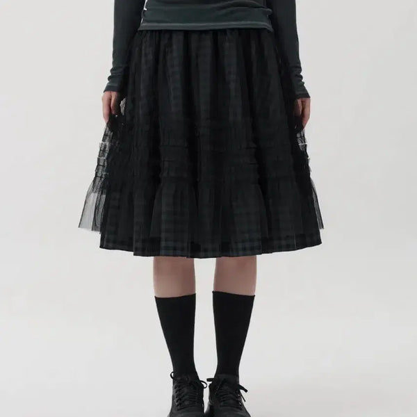 [BUNJANG] OHELLA Layered Sheer Frill Skirt Khaki Check / [새상품]오헤시오 스커트 LAYERED SHEER FRILL SKIRT