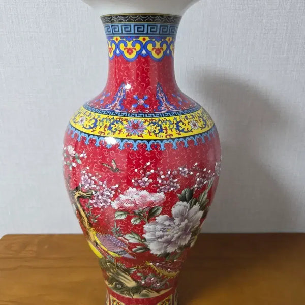 [BUNJANG] Qianlong Period Marked Celadon Porcelain Vase with Birds and Flowers / 홍지 분채 화조문 도자기