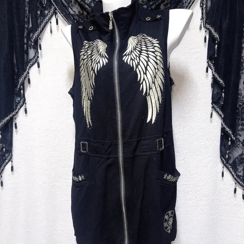 [BUNJANG] Y2K Wing Printing Lettering Goth Punk 00's Gyaru Zip-Up Vest / y2k 와투케 날개 프린팅 레터링 고스펑크 00 오네갸루 베스트 집업