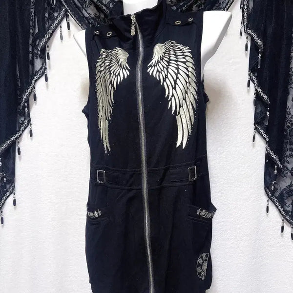 [BUNJANG] Y2K Wing Printing Lettering Goth Punk 00's Gyaru Zip-Up Vest / y2k 와투케 날개 프린팅 레터링 고스펑크 00 오네갸루 베스트 집업