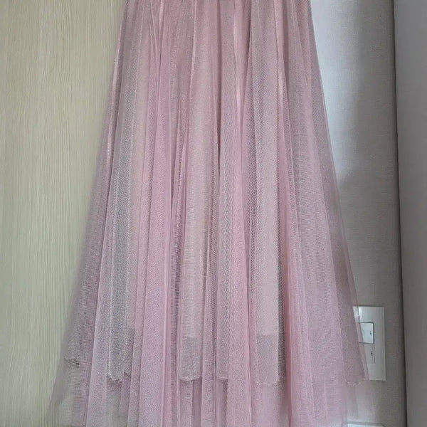 [BUNJANG] Blue Lace Pink Long Tulle Skirt / 블루레이스 핑크 롱 샤 스커트 프리사이즈 밴딩