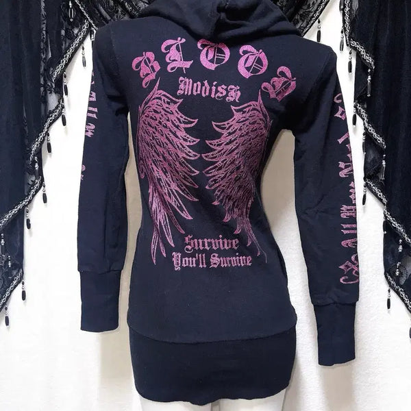 [BUNJANG] Y2K Glitter Wing Printing Lettering Hooded Zip-up Dress / 갸루 고스펑크 y2k 와투케 글리터 날개 프린팅 레터링 후드집업 원피스