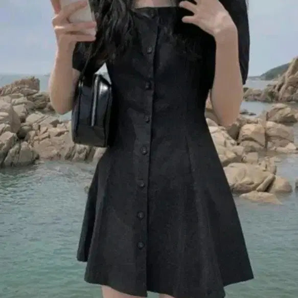 [BUNJANG] Black Denim Puff Sleeve Flare Dress / 흑청 원피스