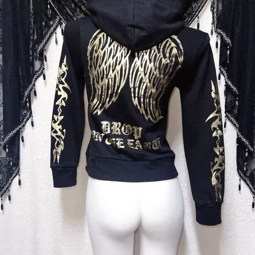 [BUNJANG] Wing Pattern Gold Printing Leopard Hoodie Zip-up / 날개 패턴 골드 프린팅 레오파드 호피 후드집업 오네갸루 고스펑크 y2k