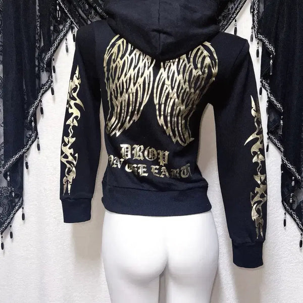 [BUNJANG] Wing Pattern Gold Printing Leopard Hoodie Zip-up / 날개 패턴 골드 프린팅 레오파드 호피 후드집업 오네갸루 고스펑크 y2k